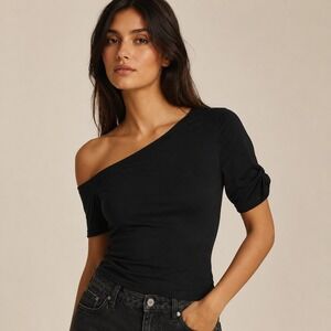 NWT White House Black Market One Shoulder Twist Sleeve Top Black M Chic Evening